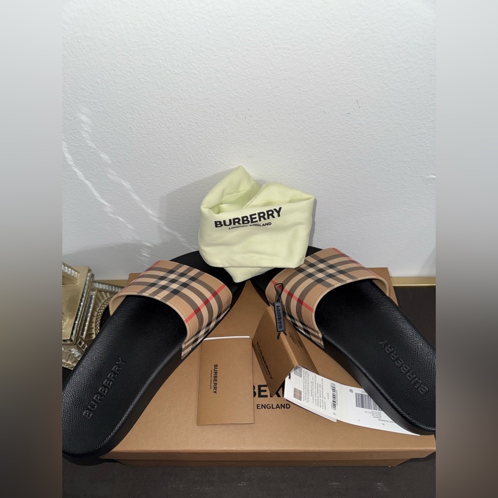 Burberry Beige and Black Check Slides